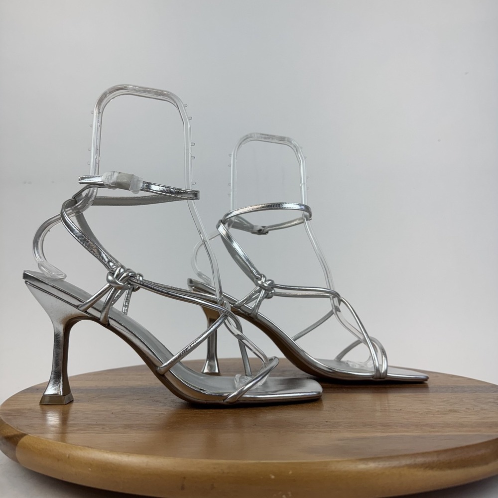 New Womens Open Edit Reggie Silver Faux Leather Strappy Open Toe Heels Size 10 M